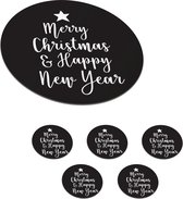 Onderzetters voor glazen - Rond - Kerst quote Merry Christmas & Happy New Year op een zwarte achtergrond - 10x10 cm - Glasonderzetters - 6 stuks