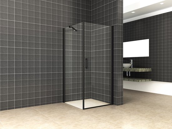 Porte battante de cabine de douche Bally avec paroi latérale UNI avec profil Zwart mat Zijwand Verre de sécurité anticalcaire 8mm avec revêtement NANO