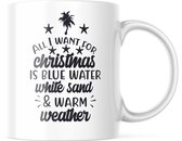 Kerst Mok met tekst: All I want for Christmas is blue water, white sand & warm weather | Kerst Decoratie | Kerst Versiering | Grappige Cadeaus | Koffiemok | Koffiebeker | Theemok |