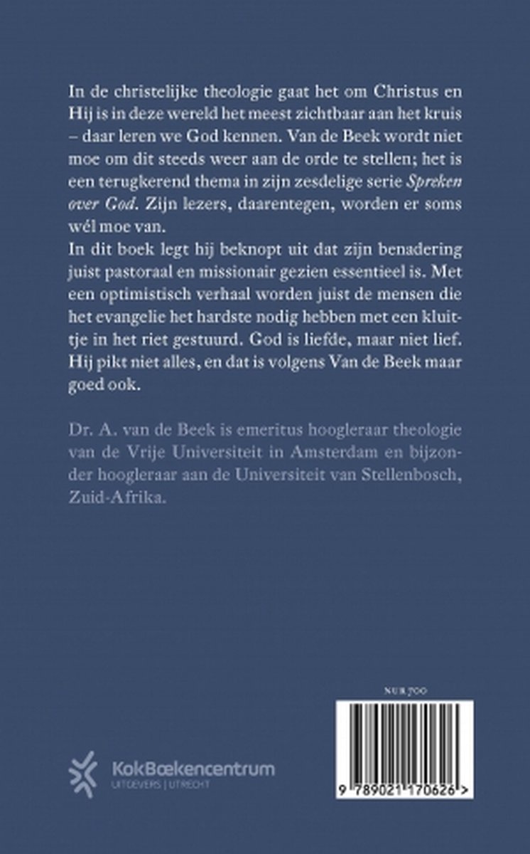 Dos d'un livre avec du texte sur la théologie, l'auteur Dr. A. Van de Beek, et un code-barres ISBN.