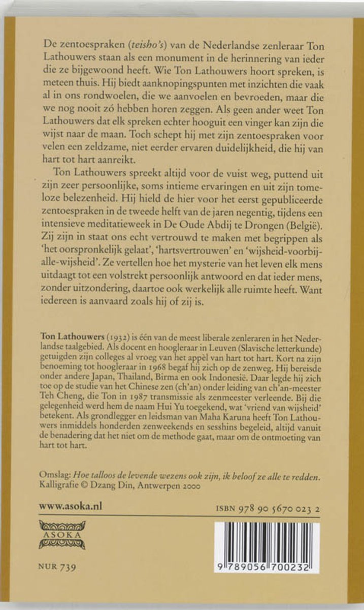 Achterkant van boek met tekst over zentoespraken door Ton Lathouwers, ISBN en uitgever Asoka.