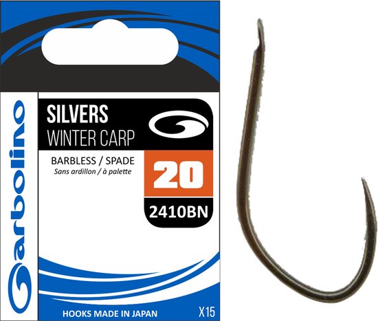 Hameçon Garbolino Silvers Winter Carp taille 20, sans ardillon à palette, conditionné par 15.