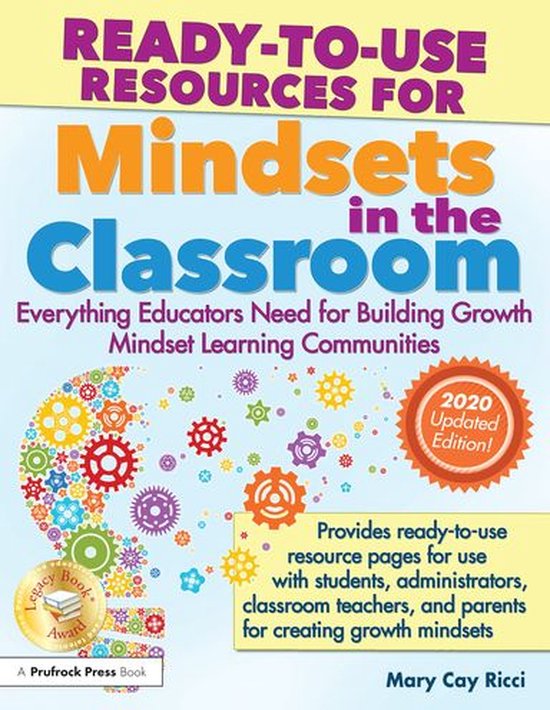 Boek met de titel 'Ready-to-Use Resources for Mindsets in the Classroom'. Kleurrijke tandwielen, 'Legacy Book Award' en '2020 Updated Edition'.