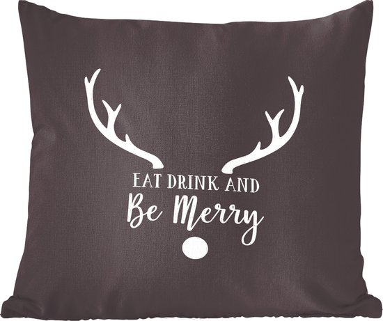 Sierkussens - Kussentjes Woonkamer - 60x60 cm - Quote "Eat, Drink and be Merry" wanddecoratie kerst wit op zwart - Kerstversiering - Kerstdecoratie voor binnen - Woonkamer