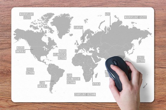 Bureau onderlegger 60x40 cm - Muismat Licht grijze wereldkaart - zwart wit - Bureaulegger xl - Desk mat beschermer - Computer muismatten