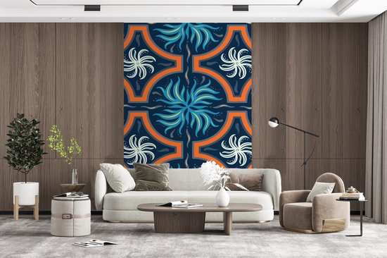 Motif carré de fleurs et feuilles bleues et blanches sur fond sombre 225x350 cm