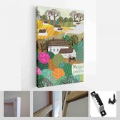 Natuur, landschap, familie en mensen. Vectorillustratie van een huis, meer, veld, uitzicht, dorp, boom en bloemen - Modern Art Canvas - Verticaal - 1898633704