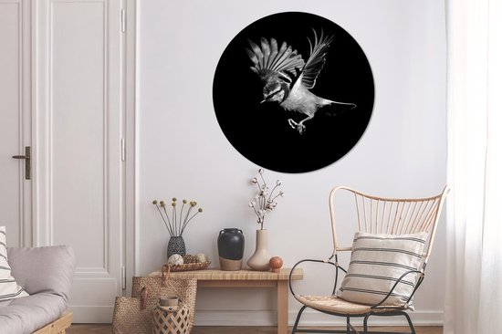 WallCircle - Wall Circle - Wall Circle Indoor - Pimpelmees - Vogel - Zwart - Noir Blanc - 140x140 cm - Décoration murale - Peintures Ronds