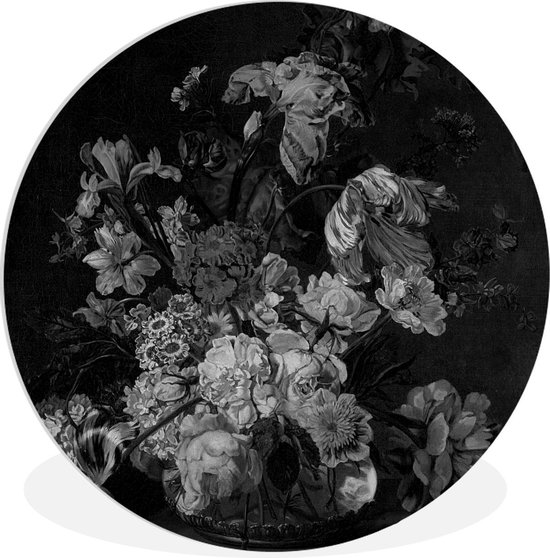 WallCircle - Wandcirkel ⌀ 150 - Stilleven met bloemen - Schilderij van Cornelia van der Mijn - zwart wit - Ronde schilderijen woonkamer - Wandbord rond - Muurdecoratie cirkel - Kamer decoratie binnen - Wanddecoratie muurcirkel - Woonaccessoires