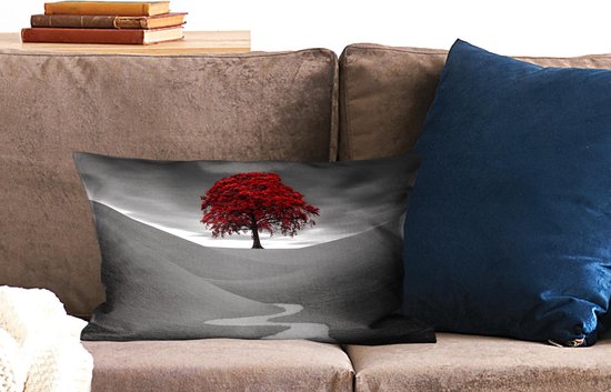 Coussins Coussins décoratifs - Coussin - Photo Zwart et blanc avec un arbre rouge - 50x30 cm - Coussin en coton