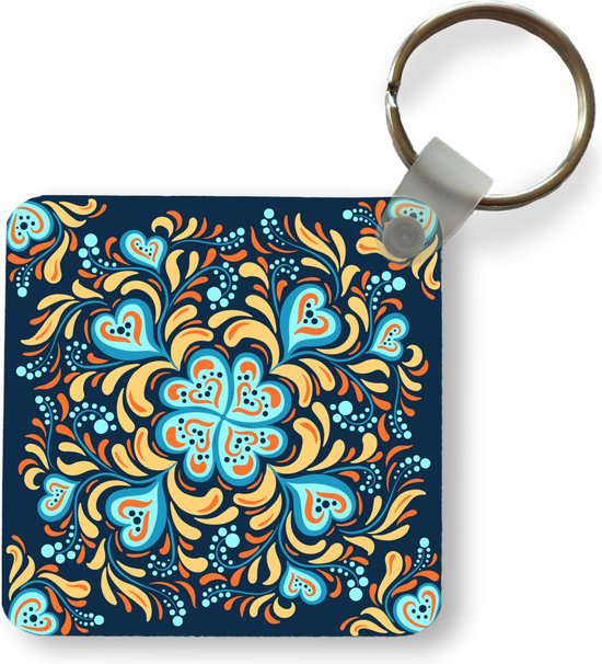 Porte-clés - Abstrait et motif avec coeurs bleus et décorations sur fond sombre - Plastique - Rond