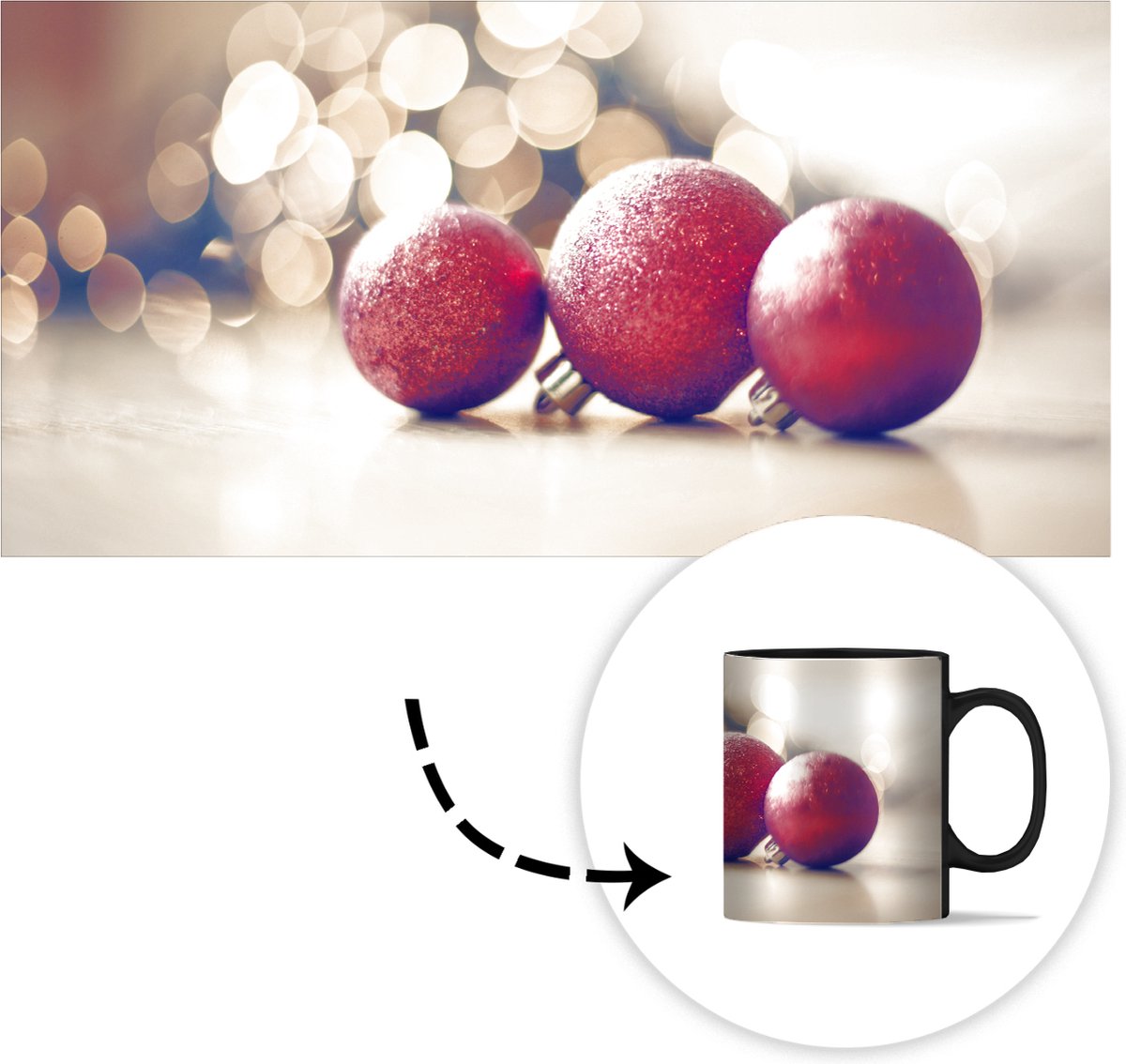 Magische Mok - Foto op Warmte Mokken - Koffiemok - Drie rode kerstballen en kerstverlichting - Magic Mok - Beker - 350 ML - Theemok