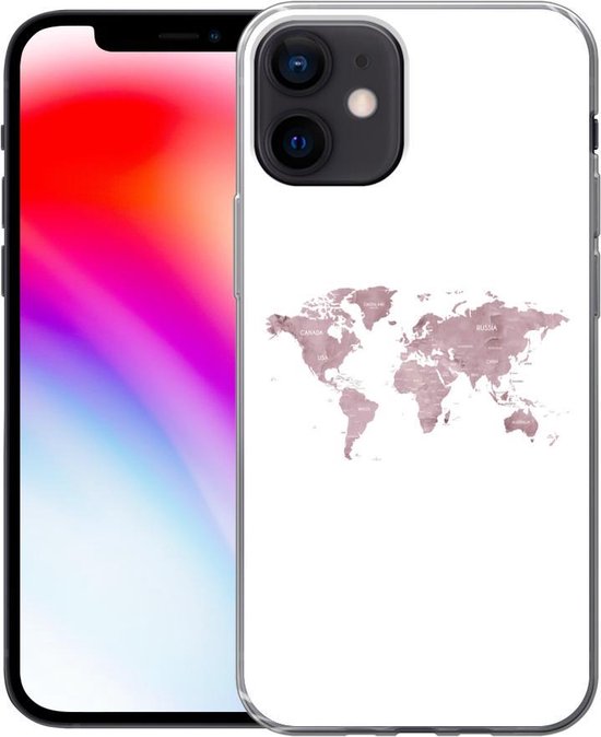 Telefoonhoesje Geschikt voor iPhone 12 hoesje - Wereldkaart - Roze - Wit - Siliconen Telefoonhoesje Telefoonhoesje