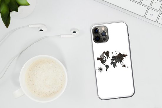 Coque iPhone 13 Pro - Wereldkaart - Or - Zwart - Rose des Vents - Siliconen