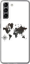 Geschikt voor Samsung Galaxy S21 hoesje - Wereldkaart - Goud - Zwart - Windroos - Siliconen Telefoonhoesje