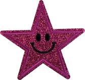 Smiley Ster Strijk Embleem Patch Glitter Donker Roze 9 cm / 9 cm / Donker Roze Zwart