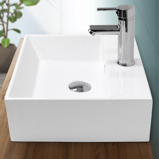 Lavabo, coin 415x360x130 mm, blanc, céramique - avec vidage avec trop-plein