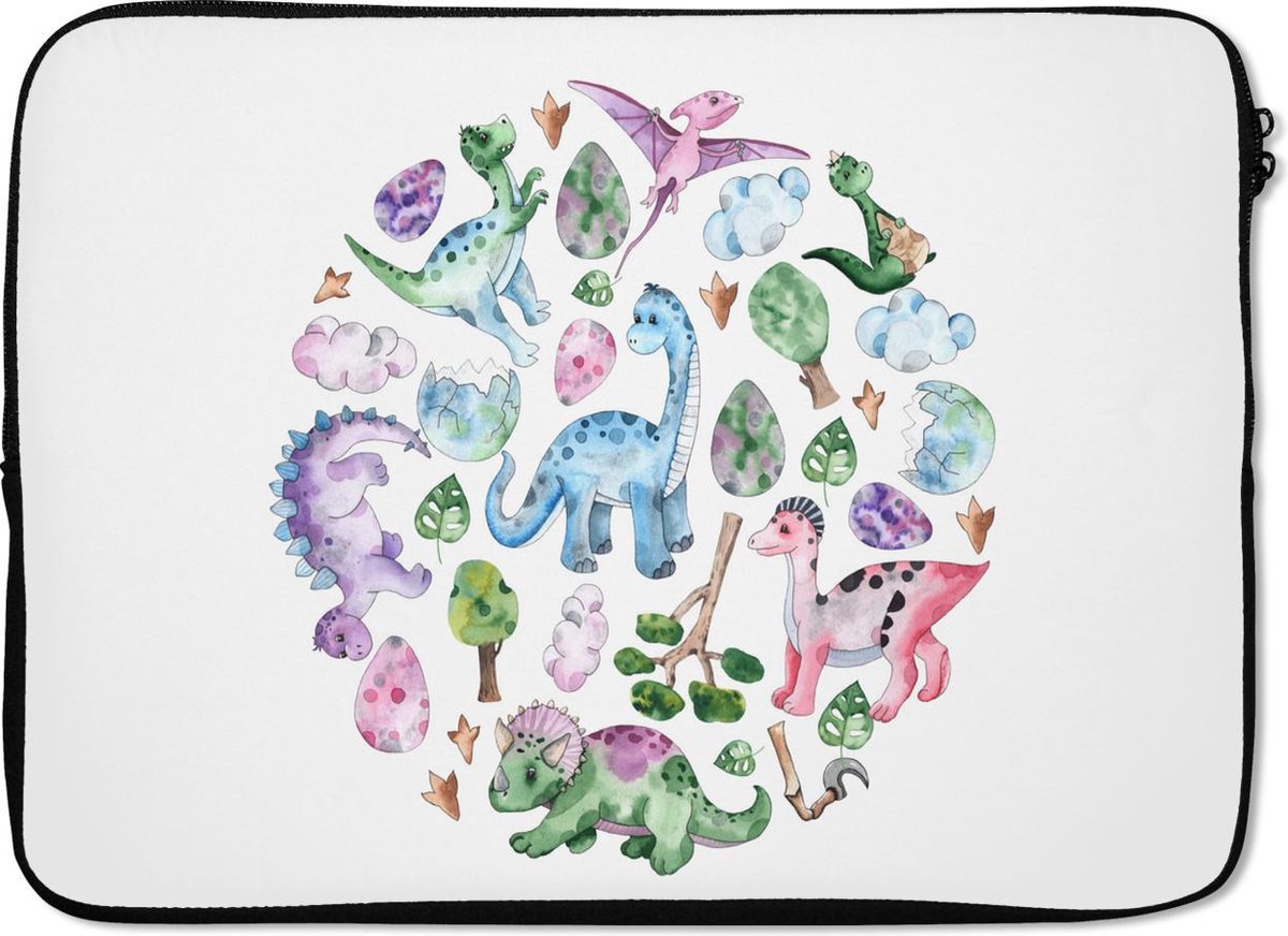 Laptophoes 14 inch - Kinderkamer - Cirkel - Dinosaurus - Jongens - Meisjes - Kinderen - Laptop sleeve - Binnenmaat 33x23 cm - Zwarte achterkant