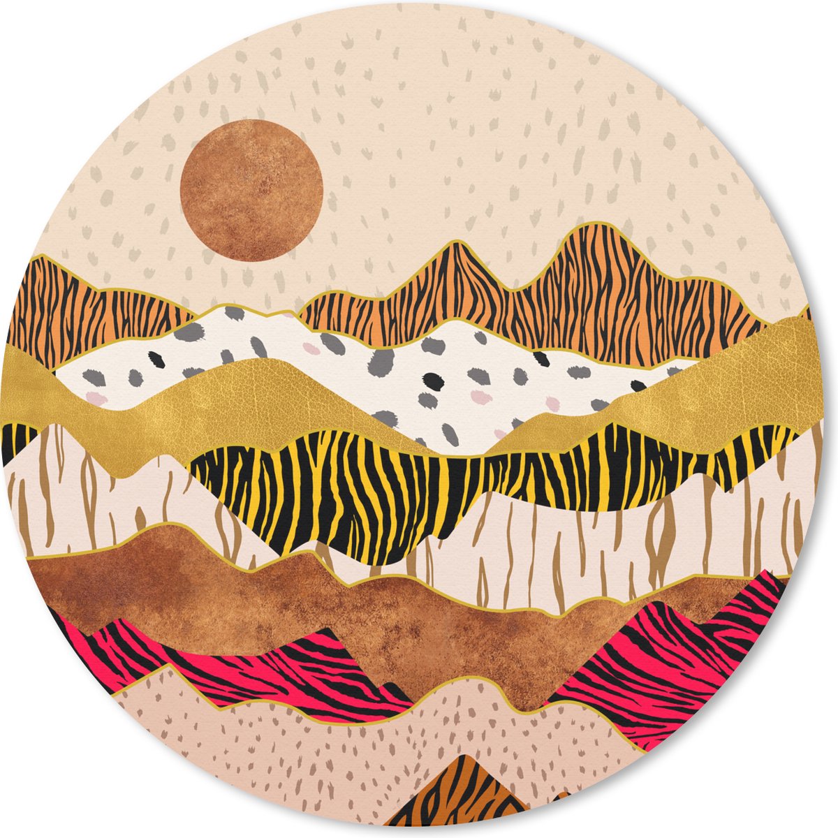 Muismat - Mousepad - Rond - Tijgerprint - Goud - Pastel - 20x20 cm - Ronde muismat