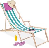 Relaxdays strandstoel hout - verstelbare ligstoel gestreept - tuinstoel tot 120 kg - - wit-blauw