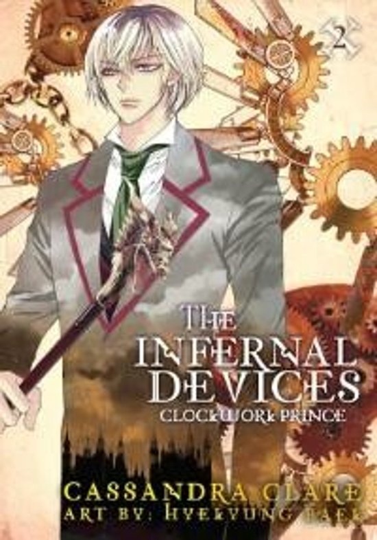 Een anime-jongen met zilverwit haar en een grijze jas met rode biezen, die een staf vasthoudt. Achter hem is een grote klok en tandwielen te zien. Titel: The Infernal Devices Clockwork Prince.
