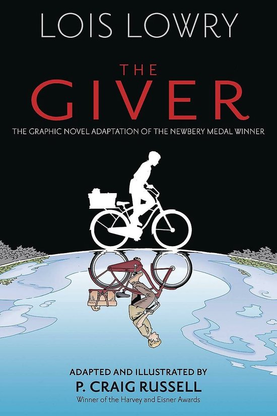 Boek "The Giver" van Lois Lowry, illustratie van een fietser met reflectie.