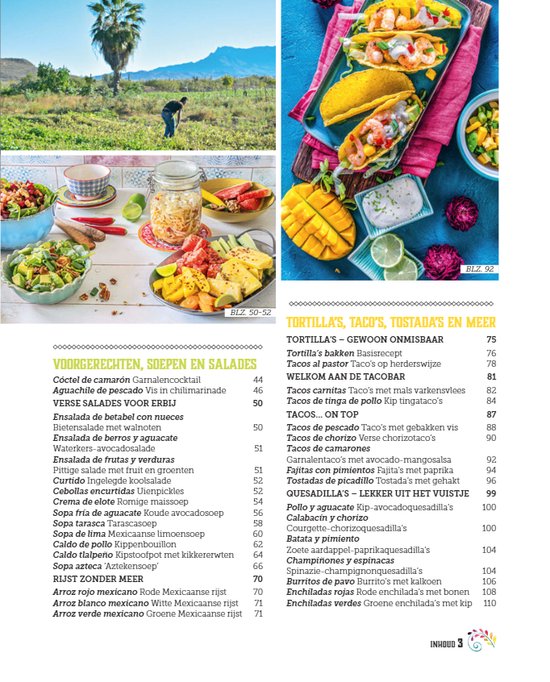 Boekomslag met taco's, salades en een man in een sombrero.