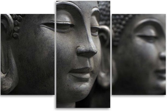 Trend24 - Canvas Schilderij - Standbeeld Van Boeddha - Drieluik - Oosters - 90x60x2 cm - Grijs