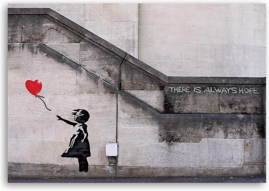 Trend24 - Peinture sur toile - Banksy Wall Painting Girl With Ballon Heart - Peintures - Reproductions - 90x60x2 cm - Zwart