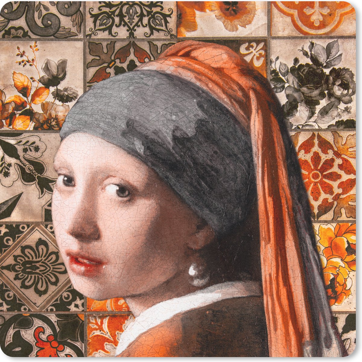 Muismat 20x20 cm - Mousepad Meisje met de parel - Tegels - Oranje - Zwart - Muismatten