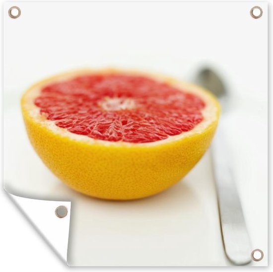 Tuin poster Gehalveerde grapefruit met een lepel - 200x200 cm - Tuindoek - Buitenposter
