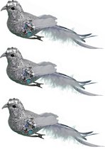 6x stuks decoratie vogels op clip glitter zilver 16 cm - Decoratievogeltjes/kerstboomversiering/bruiloftversiering