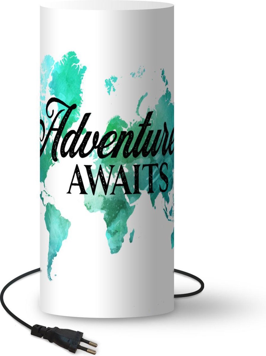 Lamp - Nachtlampje - Tafellamp slaapkamer - Wereldkaart - Quote - Waterverf - 54 cm hoog - Ø22.9 cm - Inclusief LED lamp