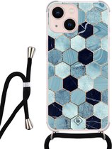 iPhone 13 hoesje met koord - Blue cubes | Apple iPhone 13 crossbody case | Zwart, Transparant | Marmer