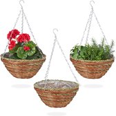 Relaxdays Hanging plant basket - lot de 3 - rotin - cintre pour plantes - fait main - papier d'aluminium