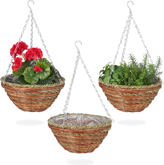 hangende plantenmand - set van 3 - 31 cm - rotan - met folie - plantenhanger