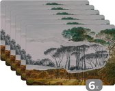 Placemat - Placemats kunststof - Italiaans landschap parasoldennen - Kunst - Hendrik Voogd - Schilderij - Zwart wit - Oude meesters - 45x30 cm - 6 stuks - Hittebestendig - Anti-Slip - Onderlegger - Afneembaar