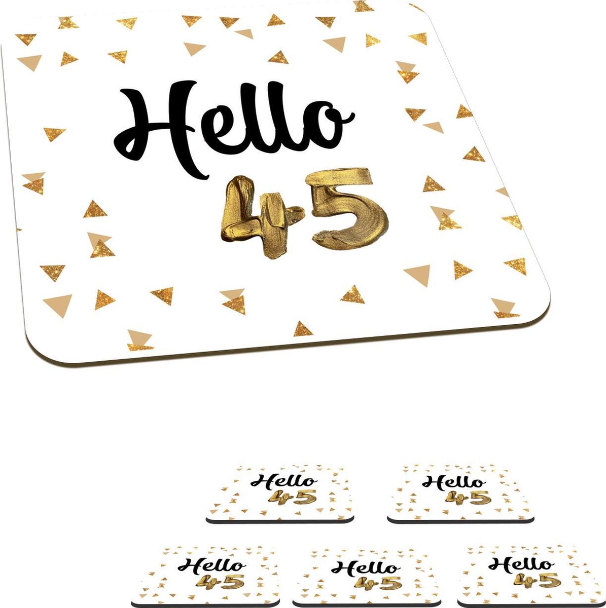 Onderzetters voor glazen - Versiering - 45 jaar - Goud - 10x10 cm - Glasonderzetters - 6 stuks