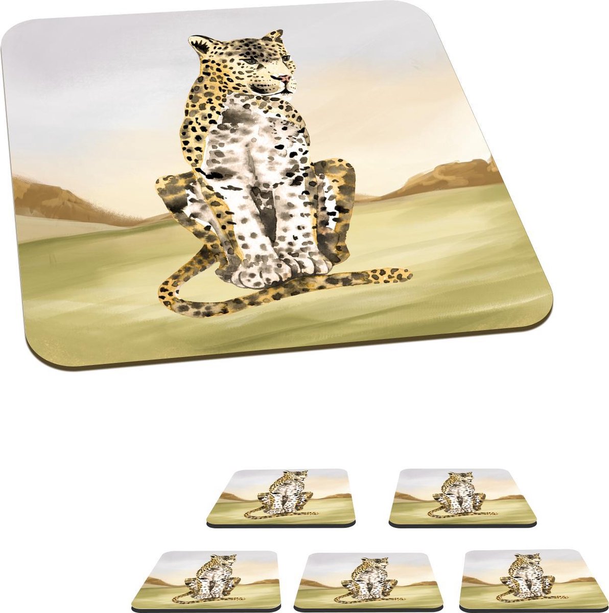 Onderzetters voor glazen - Luipaard - Jungle - Gras - 10x10 cm - Glasonderzetters - 6 stuks