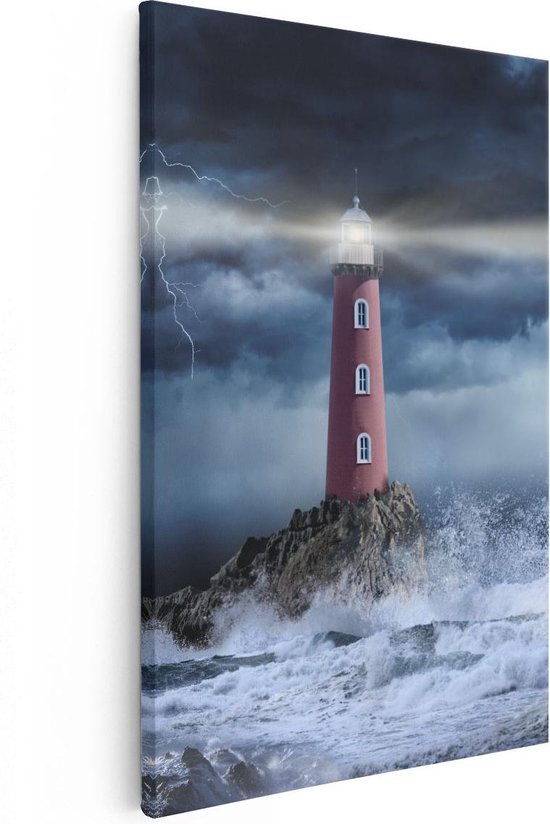 Artaza Canvas Schilderij Vuurtoren op een Storm Zee met Golfen Water - 20x30 - Klein - Foto Op Canvas - Canvas Print