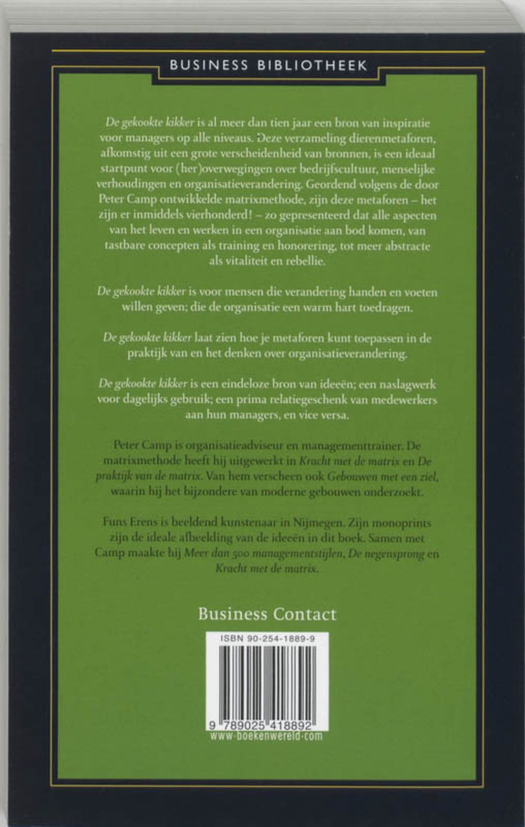Achterkant boek "De gekookte kikker" met tekst en ISBN.