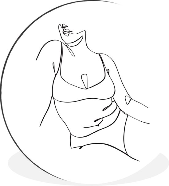 WallCircle - Wandcirkel - Muurcirkel - Abstracte line art van een vrouw die zit vierkant - Aluminium - Dibond - ⌀ 60 cm - Binnen en Buiten