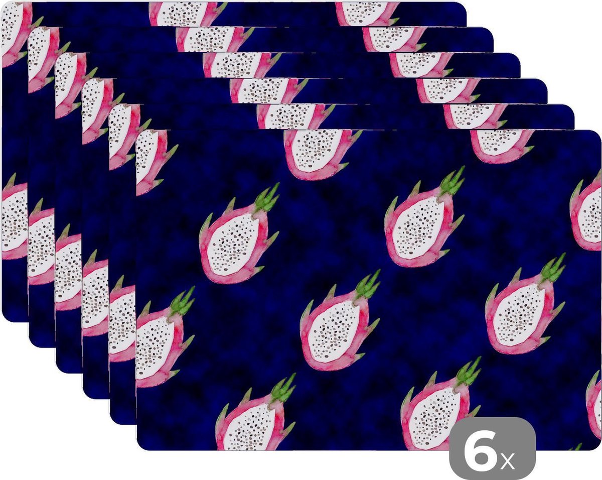 Placemat - Placemats kunststof - Drakenfruit - Fruit - Blauw - 45x30 cm - 6 stuks - Hittebestendig - Anti-Slip - Onderlegger - Afneembaar