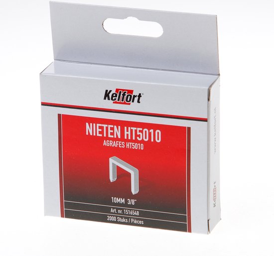 Kelfort nieten HT5010, 10mm 3/8", 2000 stuks. Zilverkleurige nieten op een witte doos met rode opdruk.