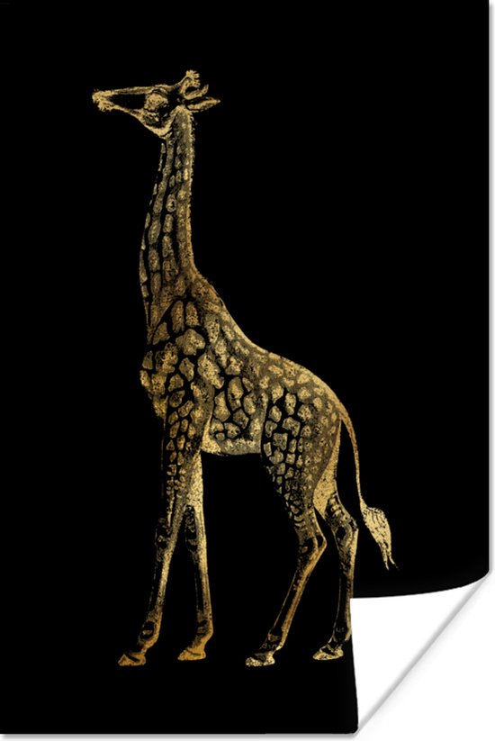 Vintage afbeelding van een Afrikaanse giraffe in het goud op een zwarte achtergrond 20x30 cm - klein - Foto print op Poster (wanddecoratie woonkamer / slaapkamer)