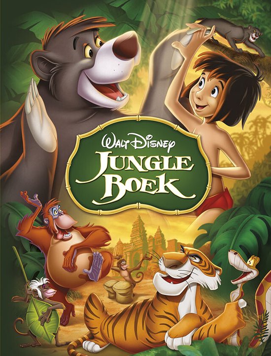 La couverture du "Livre de la Jungle" de Disney avec Mowgli, Baloo, Bagheera, Shere Khan et Louie.