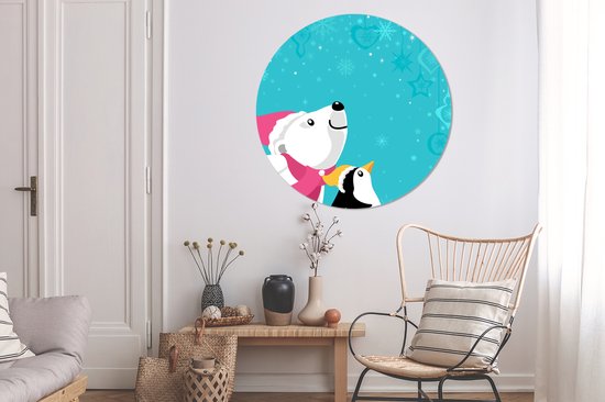 Illustration d'un pingouin et d'un ours polaire sur fond bleu Assiette en plastique cercle mural - ⌀ 150 cm - peinture ronde - impression photo sur cercle mural plastique (forex) / cercle vivant / (décoration murale)