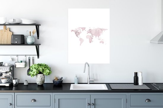 Cartes du monde du Wereldkaart - Carte du monde - Aquarelle - Rose - 60x80 cm