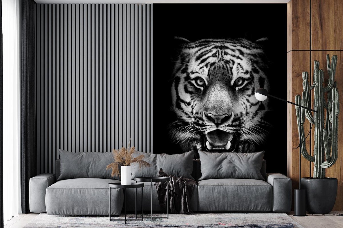 Behang - Fotobehang Tijgerkop zwarte achtergrond - zwart wit - Breedte 180 cm x hoogte 280 cm