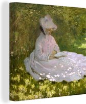 Canvas Schilderij Lezende vrouw - Claude Monet - 20x20 cm - Wanddecoratie
